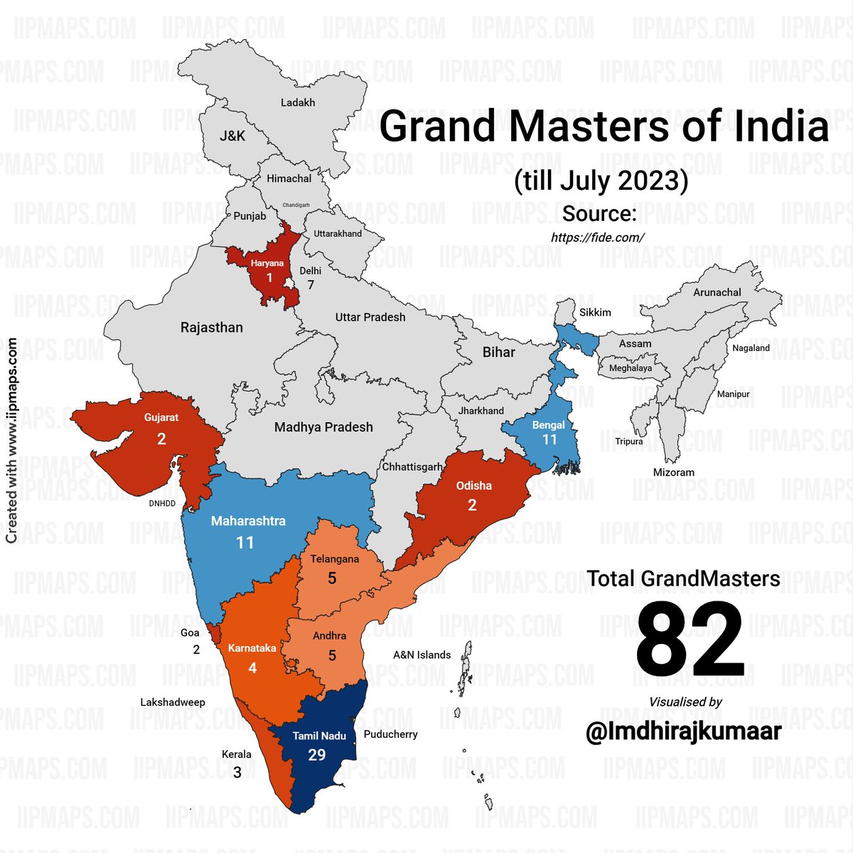 As many were posting the old data, tried to visualize from @FIDE_chess Data :) 
GMs of #India:
29 #TamilNadu
11 #Maharashtra
11 #WestBengal
7 #Delhi
5 #AndhraPradesh
5 #Telangana
4 #Karnataka
3 #Kerala
2 #Goa
2 #Gujarat
2 #Odisha
1 #Haryana

via @indiainpixels 
#chessWorldCup2023