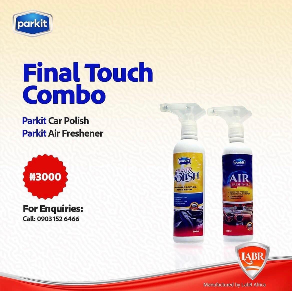 Parkitng's tweet photo. The missing piece to your vehicle care
product arsenal. Parkit Final Touch combo leaves your vehicle sparkling and smelling nice.

To order: Visit https://t.co/Bx3vlCSa41
Call/WhatsApp: 09031526466

__
#parkit #carcare #carwash #carcareproducts #detailing #carwashing https://t.co/h6rcVyLLMl