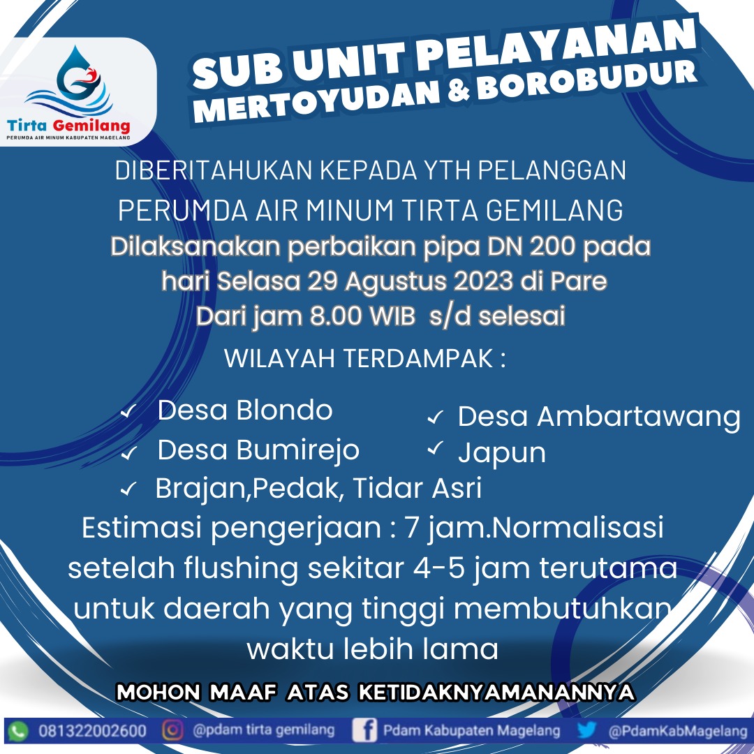 Informasi Perbaikan Pipa DN 200 pada hari Selasa, 29 Agustus 2023 dimulai pukul 08.00 WIB 
Mohon maaf atas ketidaknyamananannya..