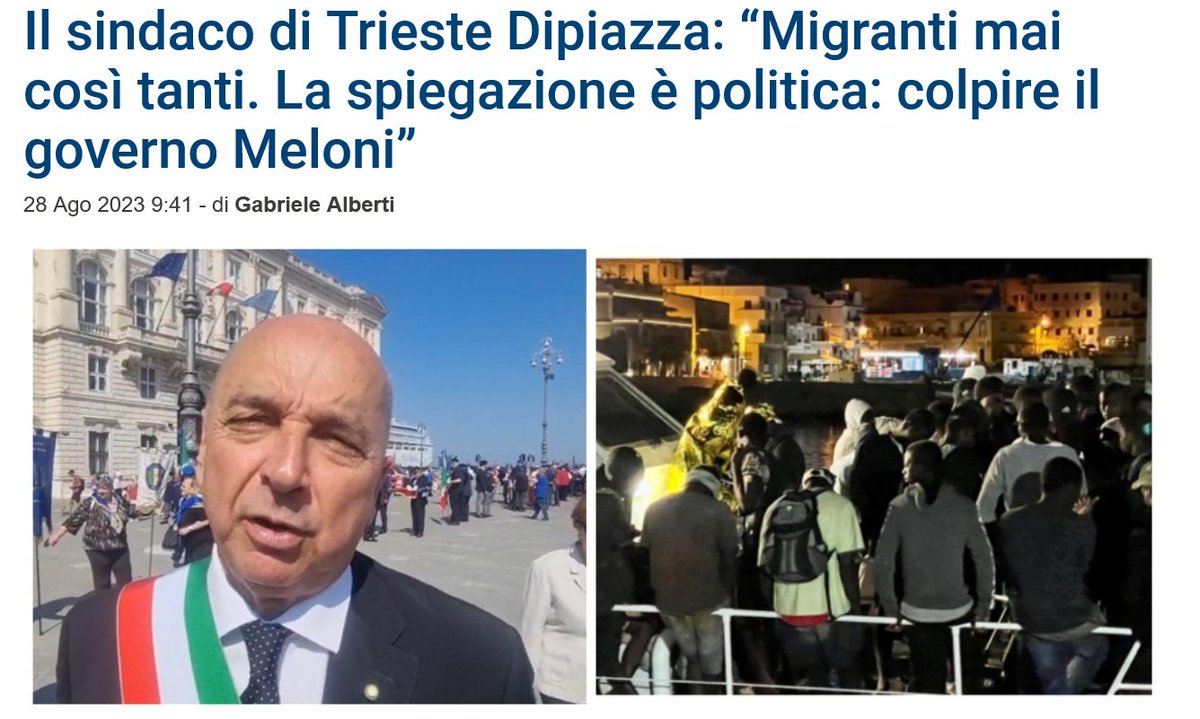 'Leggere il Sindaco Dipiazza per sentirsi una persona migliore'
Il sindaco di Trieste Dipiazza: “Migranti mai così tanti. La spiegazione è politica: colpire il governo Meloni”.

Alla stupidità di certe affermazioni, in ItaGlia, non c'è mai fine.
IM