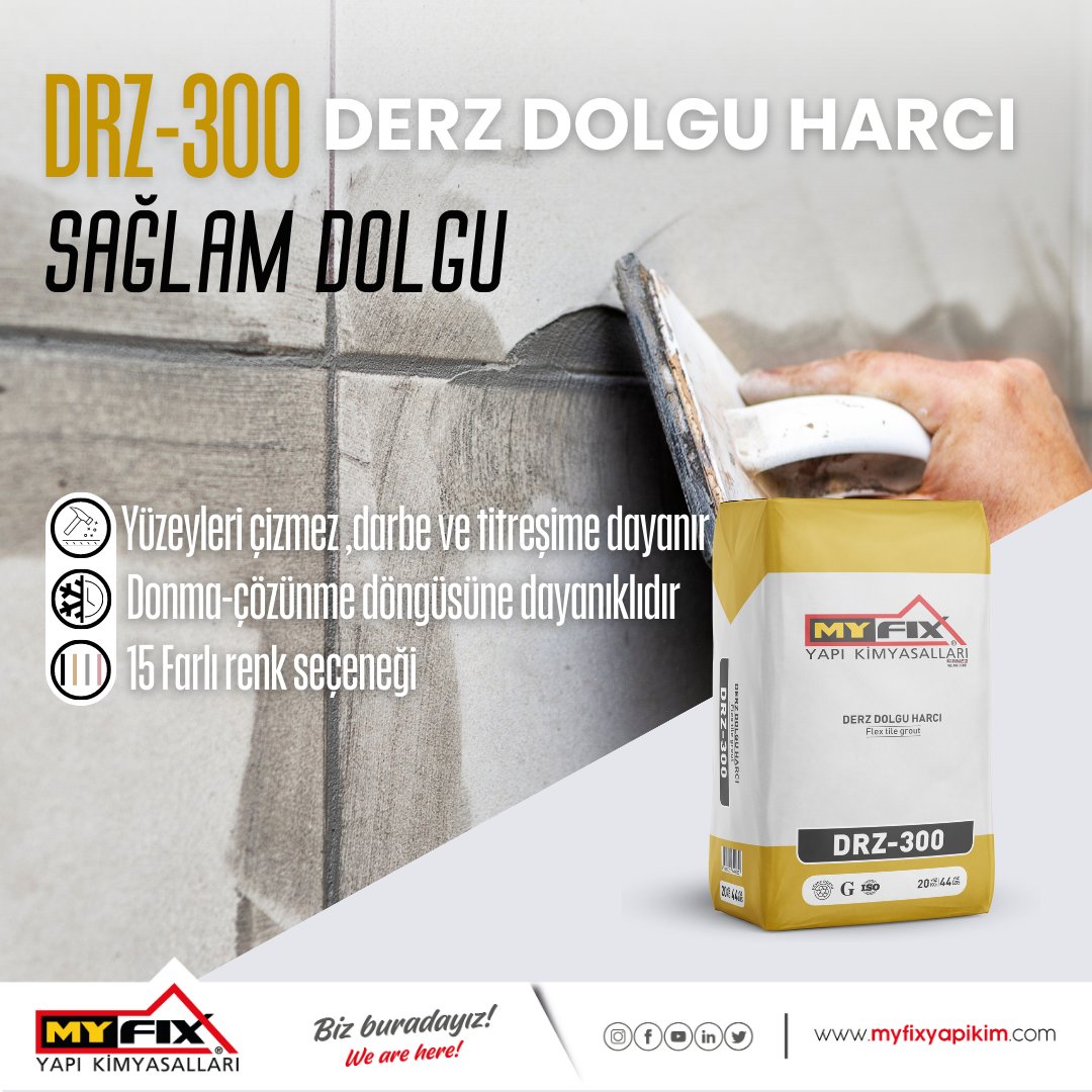 DRZ-300 / FLEX DERZ DOLGU 1-6 MM (20 Kg) Çimento esaslı, polimer katkılarıyla geliştirilmiş, azaltılmış su emme ve yüksek aşınma dayanımı, ilave nitelikli uygulama özellikleri geliştirilmiş derz dolgu harcıdır. #yapikimyasalları #derzdolguharcı #derz #myfixburada