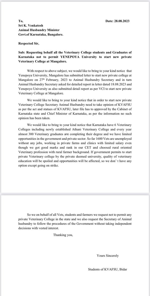 prafulreddyjayi's tweet photo. Requesting behalf all the Veterinary College students and Graduates of Karnataka not to permit YENEPOYA University to start new private
Veterinary College at Mangalore.#CondemnPrivateVeterinaryCollege #NoForPrivateVeterinaryCollegeInKarnataka #Vetsonstrike #Justiceforvets https://t.co/IkRJUTY5J5