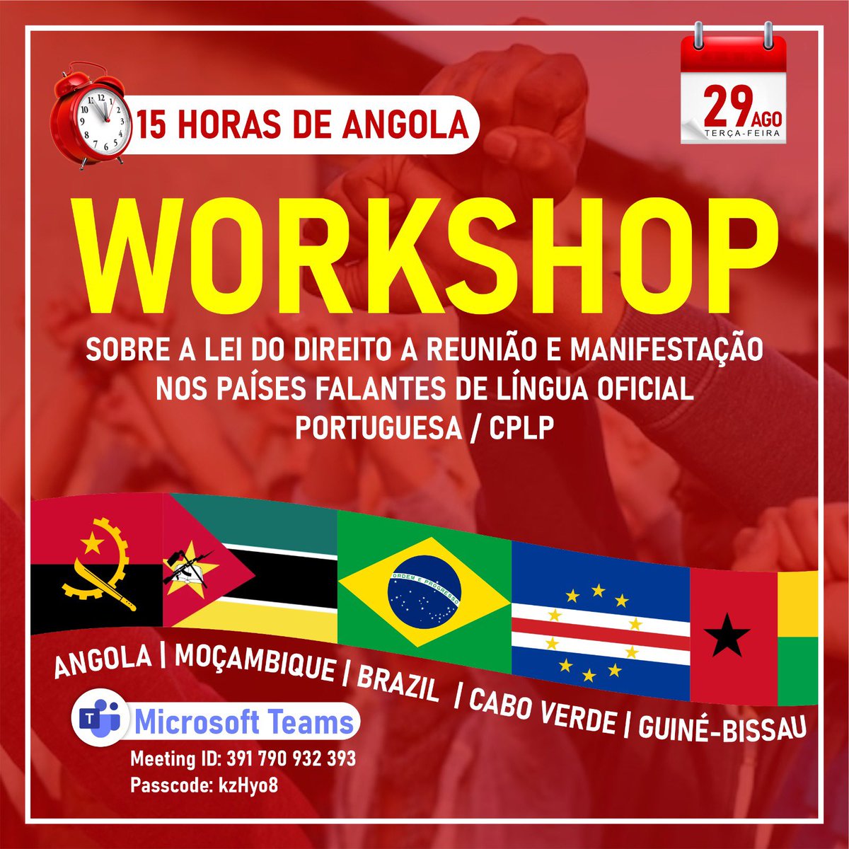 Cidiachissungo's tweet photo. Dia 29 de Agosto, uma conversa a não perder sobre a Lei do Direito a Reunião e Manifestação em 5 países falantes da língua oficial portuguesa.
#Angola #Mocambique #Portugal #Brasil #Guinebissau #caboverde
#Protectheprotest #protegealiberdade https://t.co/0soI94l17Q