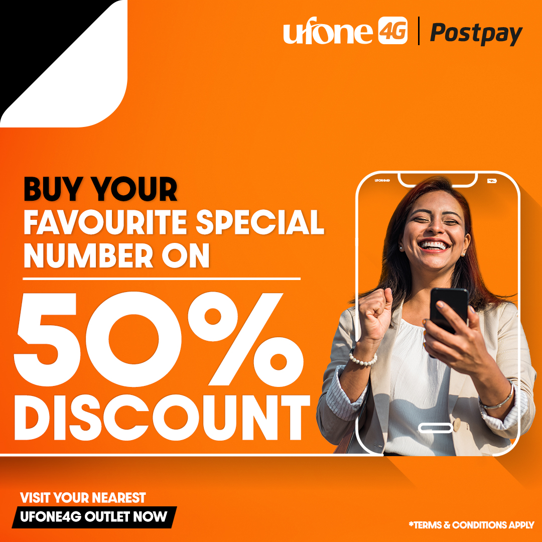 Ufone's tweet photo. Exciting News! Enjoy 50% OFF on your FAVORITE POSTPAY SPECIAL NUMBER. Don't miss out – Visit your nearest shop or service center now!
*T&Cs apply.
#Postpay #Ufone4g #SpecialNumber #Discount https://t.co/Qhr6vF1emb