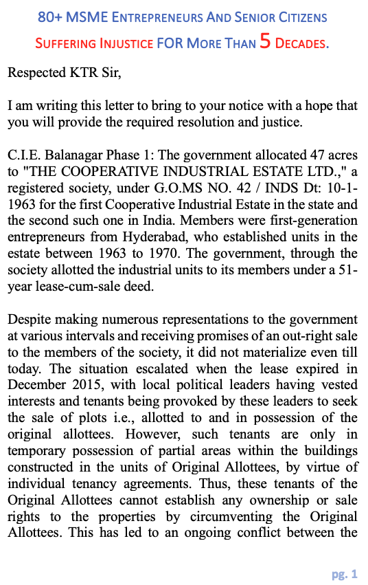 nikhil210's tweet photo. Hello @KTRBRS Sir,

Need your immediate attention. Kindly spare a few minutes to read the summarized story of over 80+ Telangana senior citizens who have been enduring injustice for nearly 50 years. https://t.co/F3u1xGuTrF