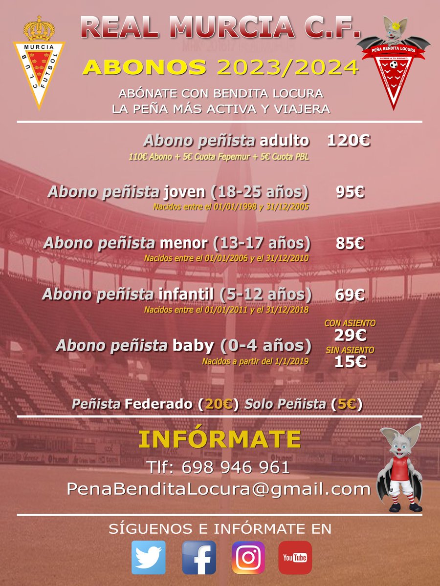 P_BenditaLocura's tweet photo. Abonate al #RealMurcia con la #peña más activa y viajera del #murcianimo y disfrutar de una temporada espectacular rodeado del mejor ambiente y familiar

Únete al movimiento peñista con #BenditaLocura 👇:

https://t.co/Lz8Byu3ESx

Infórmate en el 694 946 961

#Fepemur #PBLMurcia https://t.co/mv0D3WFcim