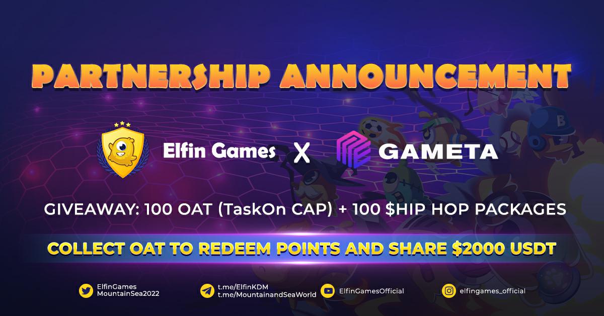 🎉 <a href="/ElfinGames/">Elfin Metaverse</a> x <a href="/Gameta_Official/">Gameta</a> Collab!  

#Giveaway 100 OATs (TaskOn CAP) + 100 $Hip Hop Packages

✨1 OAT = 10 POINTS✨
Collect points to share a prize pool of 2000 #USDT

✅ Join now: is.gd/JgAVs6

👉Redeem POINTS: bit.ly/442w76m