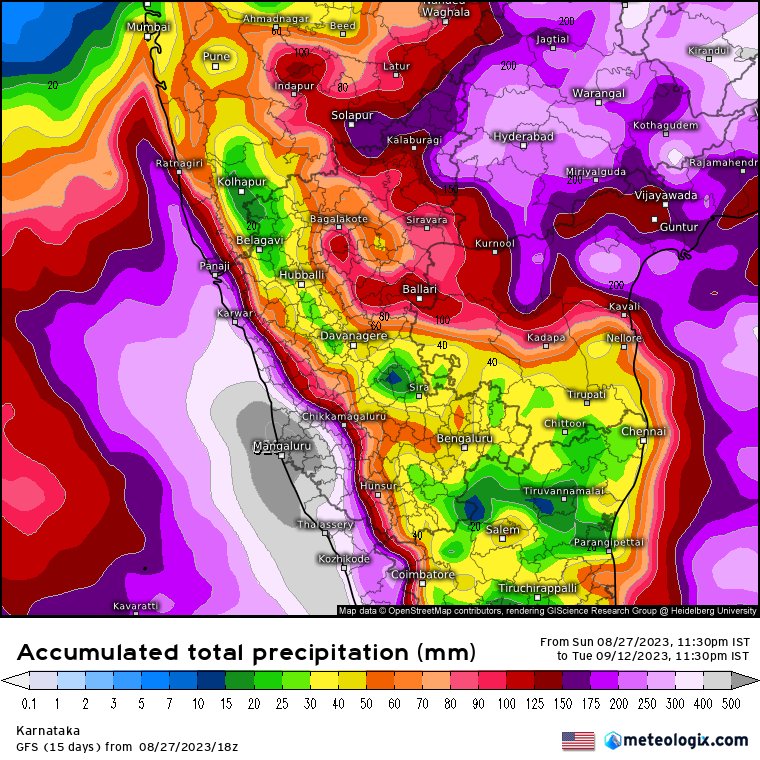 Accumulated Precipitations for the next 15 days in #Karnataka

Revival of rains in the state is looking good in September from next week & +IOD is developing rapidly in West Indian Ocean

#Monsoon2023 #KarnatakaRains #KarnatakaMonsoon2023 #KarnatakaRain #KodaguRains #KodaguRain