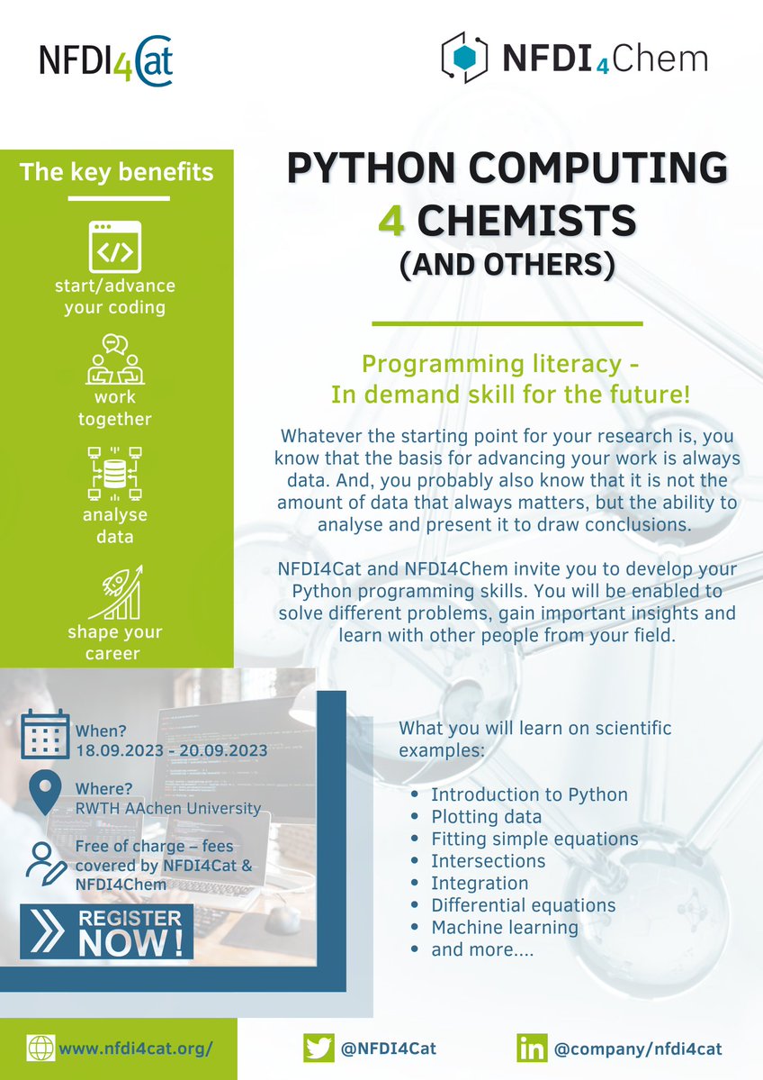 NFDI4Cat's tweet photo. Are you a chemistry enthusiast looking to  take your skills to the next level?

📅 18.09.2023 - 20.09.2023 at RWTH AAchen University 

Register now: https://t.co/rqVzkjizMi 

#ProgrammingSkills

@DECHEMA @NFDI4Chem https://t.co/4zuE2FfXiT