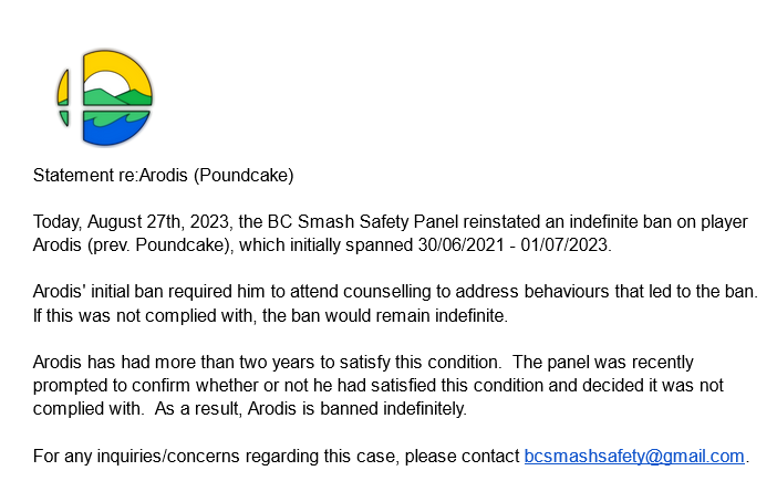 BCSmashSafety's tweet photo. Arodis ban reinstatement https://t.co/79cVCFiUIk