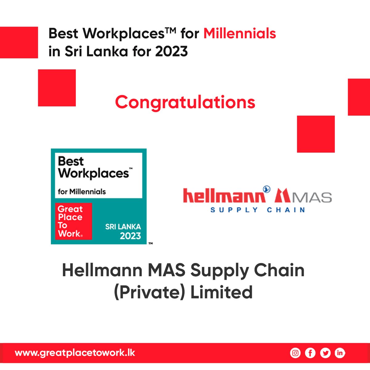 GPTW_SL's tweet photo. Congratulations to Hellmann MAS Supply Chain (Private) Limited for being selected among the 15 Best Workplaces™ for Millennials in Sri Lanka for 2023!

Check the list of winners, methodology and study article at https://t.co/f05jXDznrx

#GreatPlaceToWork #Millennials https://t.co/pxryRdtEdH