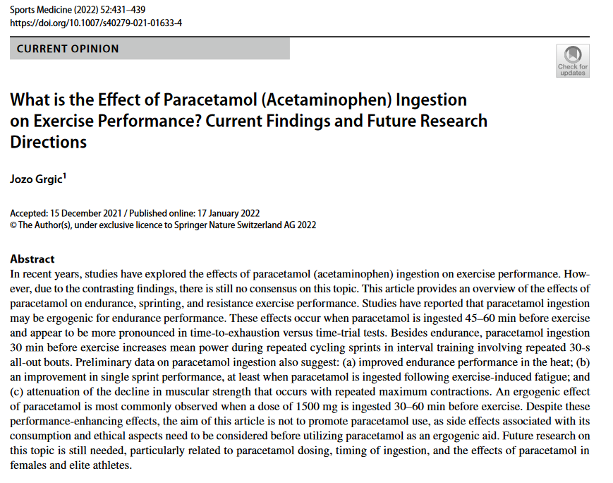 You have likely used paracetamol (acetaminophen) for pain relief and fever reduction

Did you know that studies explored the effects of paracetamol on exercise performance?

I reviewed the evidence, and the findings may be surprising

THREAD (1/9)🧵⬇️

pubmed.ncbi.nlm.nih.gov/35038139/