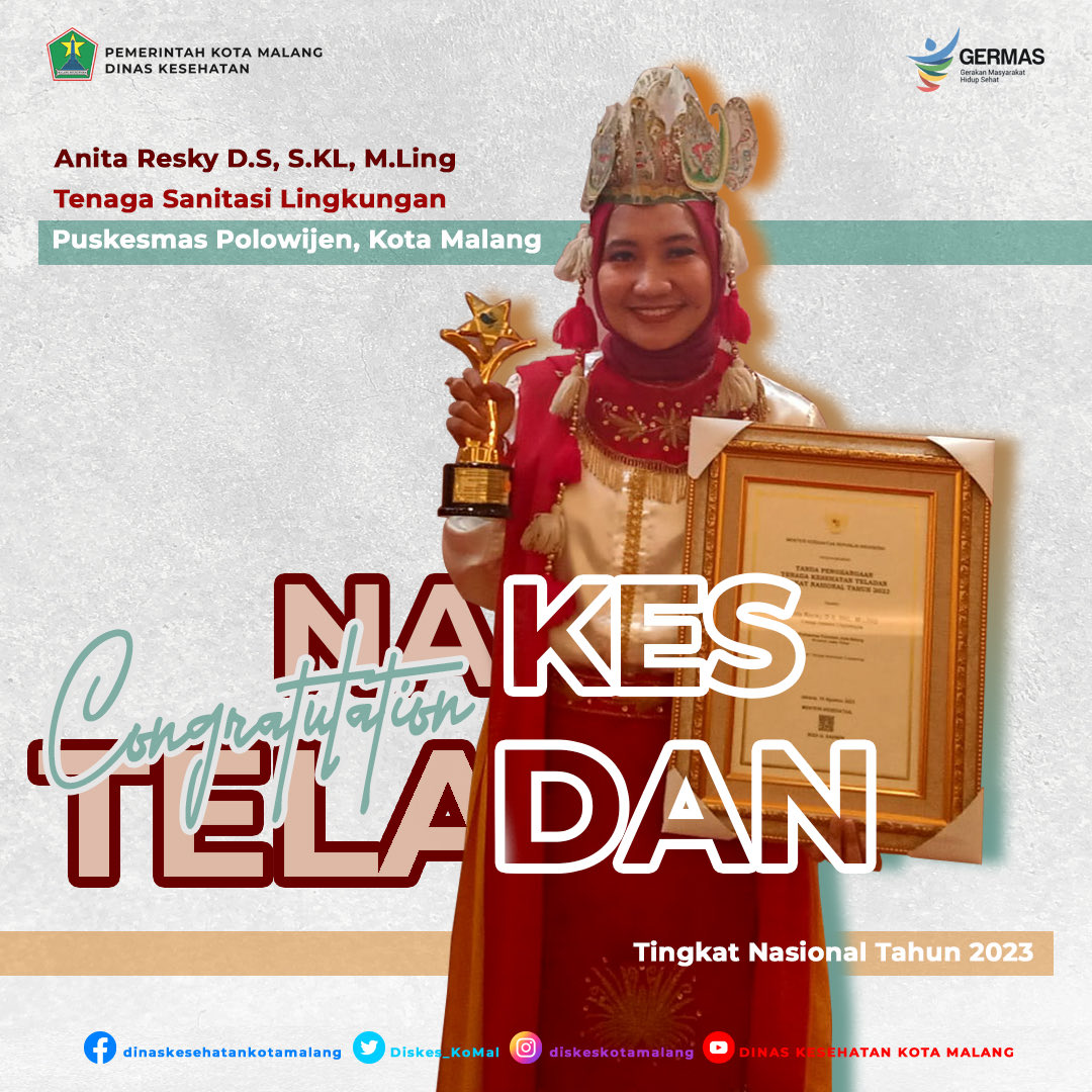 Hallo Nawakhealthies
Selamat kepada Anita Resky D.S, S.KL, M.Ling, Tenaga Sanitarian Lingkungan dari Puskesmas Polowijen Kota Malang yang sudah berhasil menjadi Tenaga Kesehatan Teladan Tingkat Nasional Tahun 2023
<a href="/PemkotMalang/">𝐏𝐞𝐦𝐞𝐫𝐢𝐧𝐭𝐚𝐡 𝐊𝐨𝐭𝐚 𝐌𝐚𝐥𝐚𝐧𝐠</a> <a href="/KominfoMalang/">Dinas Kominfo Kota Malang</a> <a href="/KemenkesRI/">Kementerian Kesehatan RI</a>