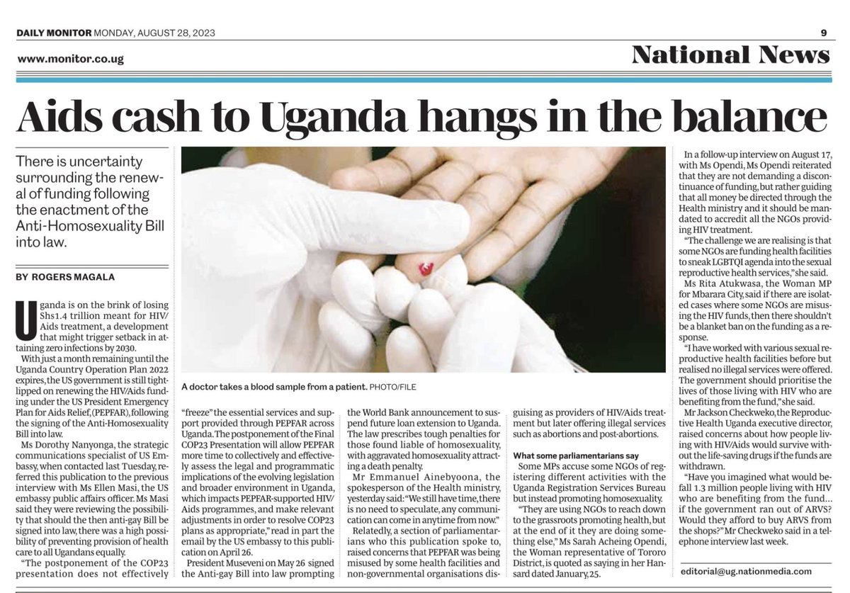 In one month, Uganda risks losing UGX 1.4 trillion earmarked for HIV/AIDS care. This could affect the 1.3 million Ugandans living with HIV who rely on these funds. 

#RepealAHA23 
#StandUp4HumanRight