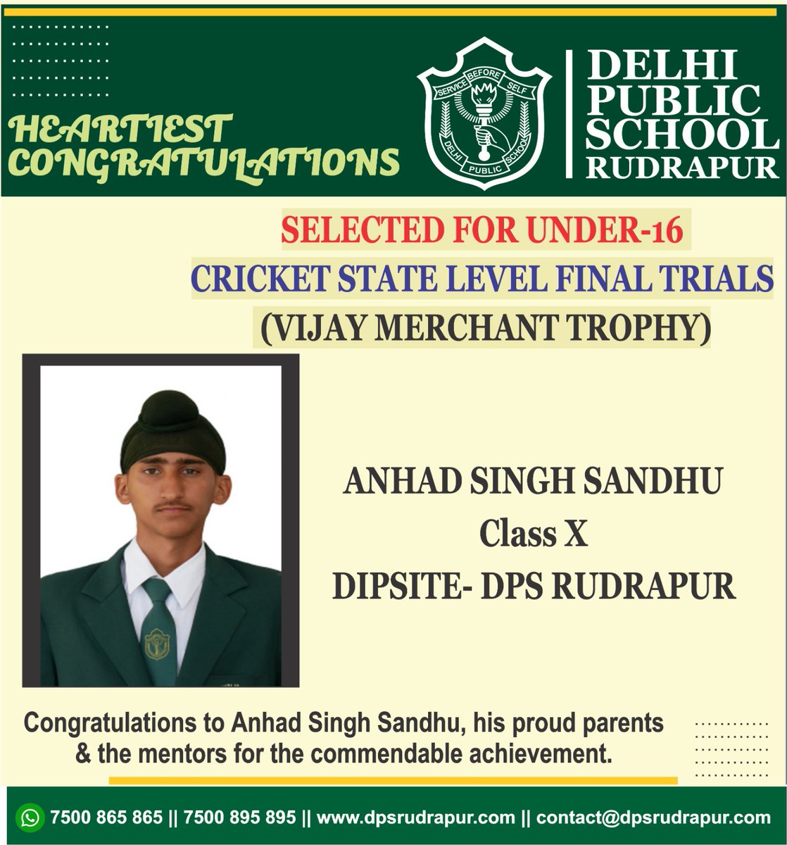 Heartiest Congratulations || Selected for Under-16 Cricket State Level Final Trials (Vijay Merchant Trophy)

Anhad Singh Sandhu- Class X

#dpsrudrapur #delhipublicschoolrudrapur #bestschoolintown #bestacademics #dpscricketacademyrudrapur