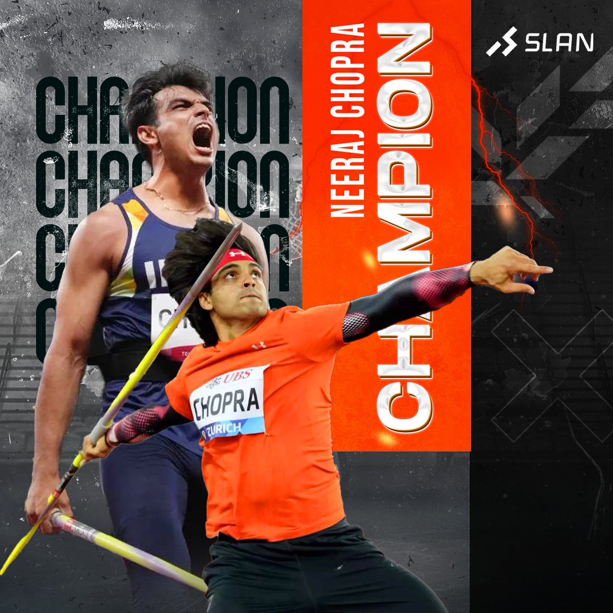 SLAN_Sports's tweet photo. India’s FIRST Track and Field World Champion, and he’s OUR BOY! ⚡

#NeerajChopra, you beauty. ♥️

#Budapest23 #CraftingVictories 🇮🇳
#Slan #slansports #NeerajChopra https://t.co/ga3qOreUkJ