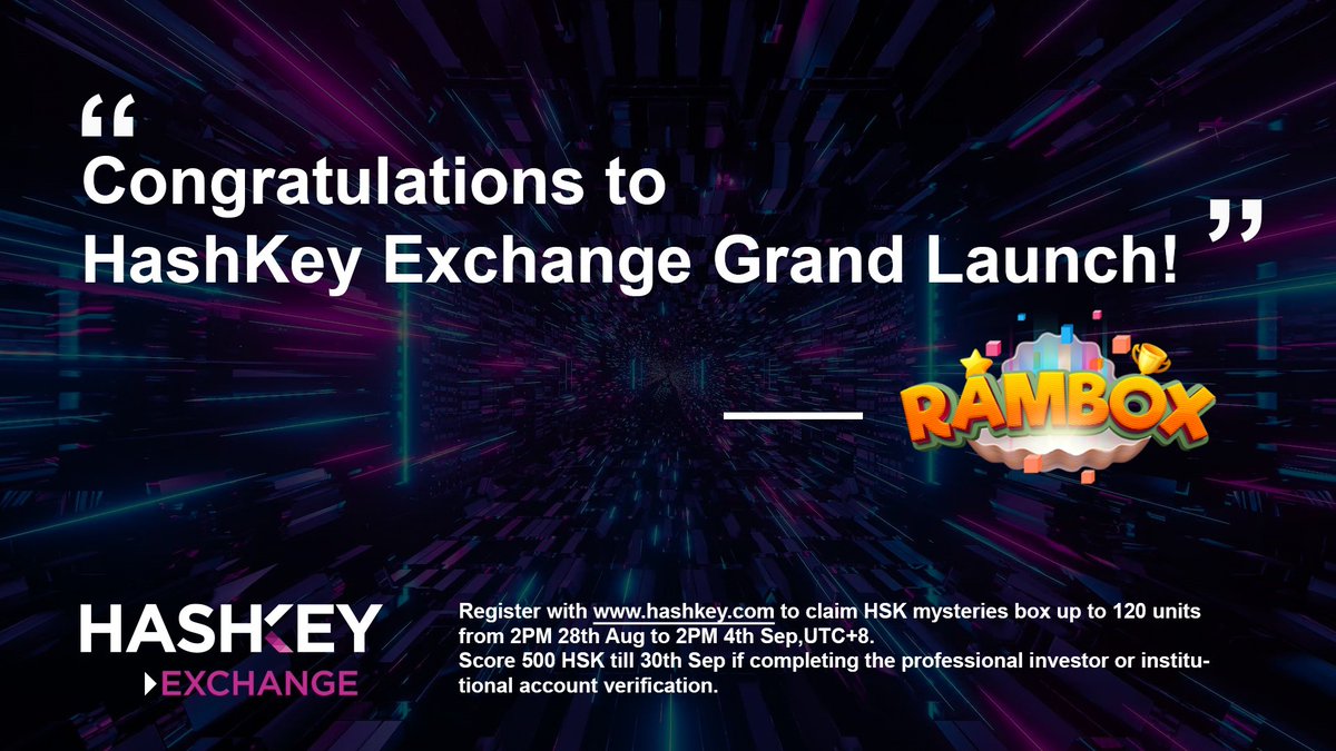 Congratulations on #HashKey Exchange‘s Grand Launch!

Register with hashkey.com to claim HSK mysteries box up to 120 units from 2PM,28th,Aug to 2PM 4th Sep.Score 500 HSK till 30th Sep if completing the professional investor or institutional account verification.