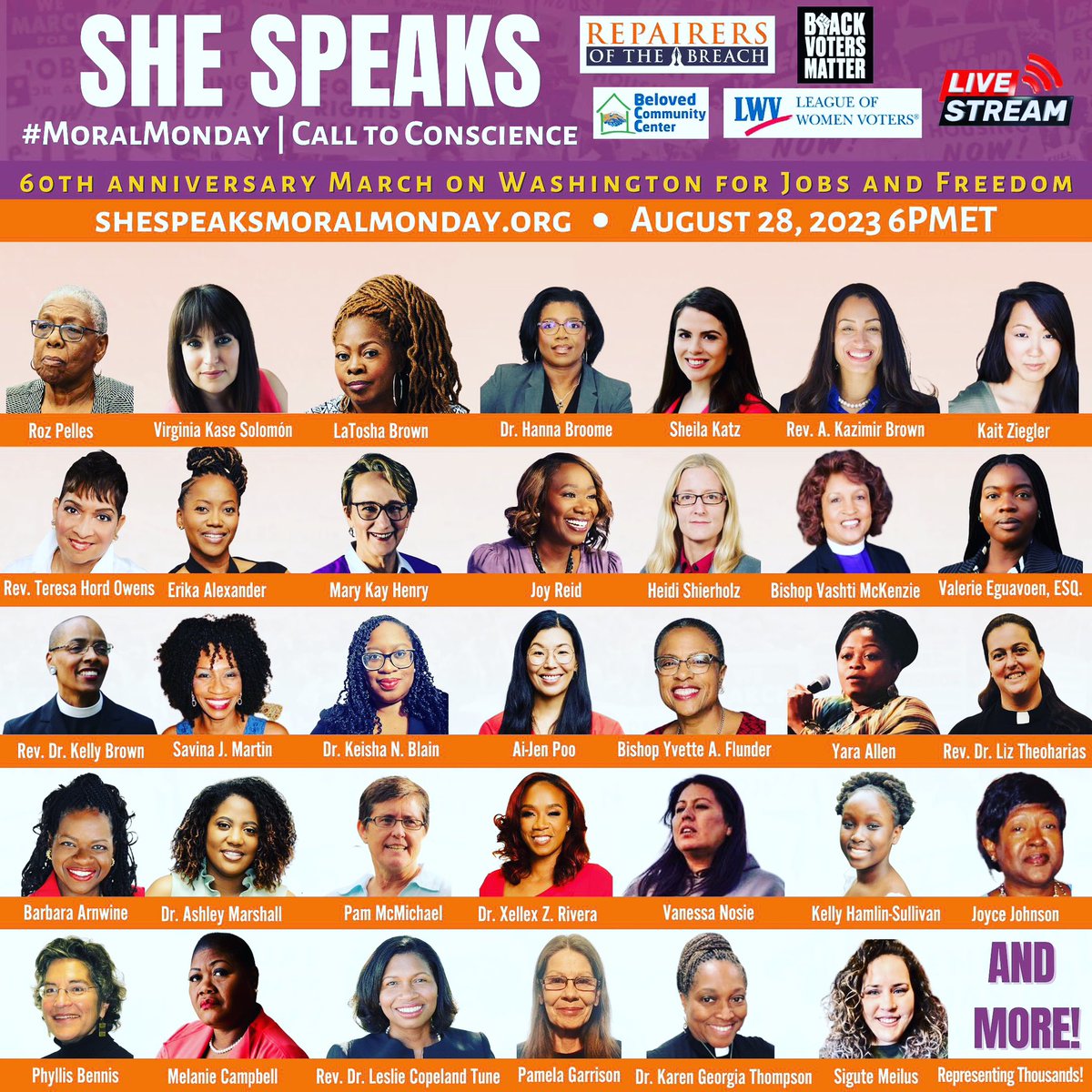 MsLaToshaBrown's tweet photo. 60 years since the #MarchOnWashington &amp; we’re still facing an uphill battle to protect our rights. Our demands for change must be heard. On 8/28, 6 pm Eastern, women nationwide demand a real life-saving agenda. Join us TODAY for #SheSpeaks #MoralMonday.

https://t.co/iZlYs4LCqK https://t.co/Sf0QbMWik4