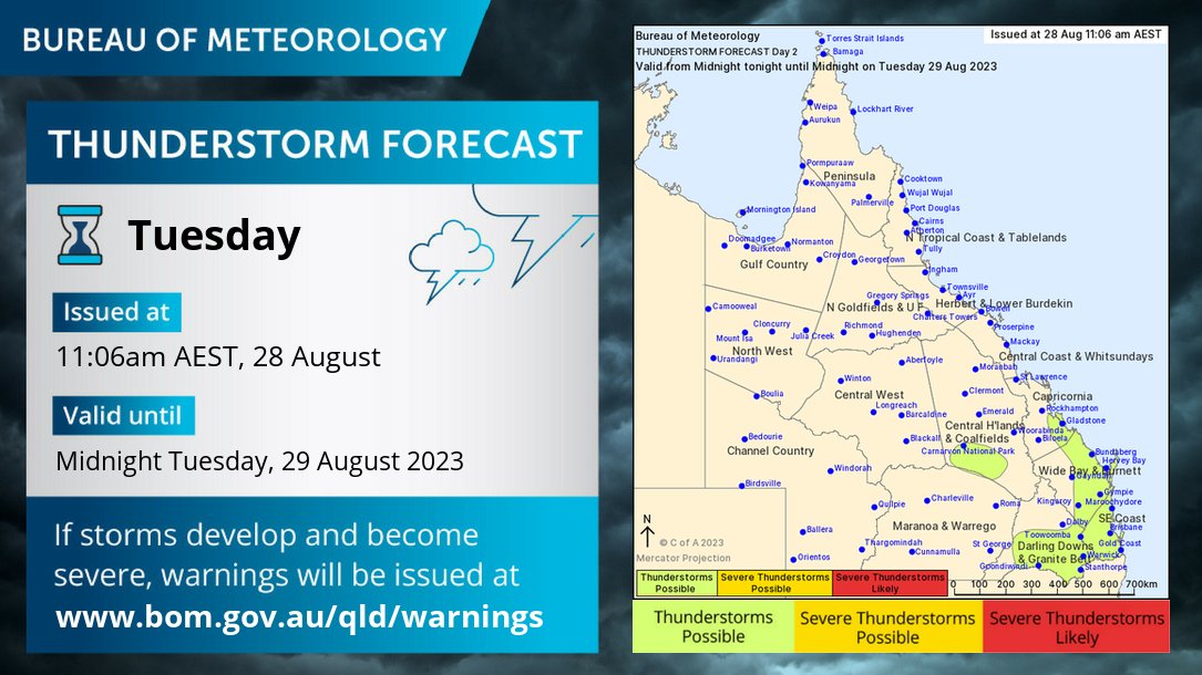 ⛈️QLD Storm Forecast for Tuesday 29/8. Isolated afternoon thunderstorms are possible across southeastern and Central Queensland. Severe thunderstorms are not expected. Latest forecasts via the app or ow.ly/3b6I50PEOV6