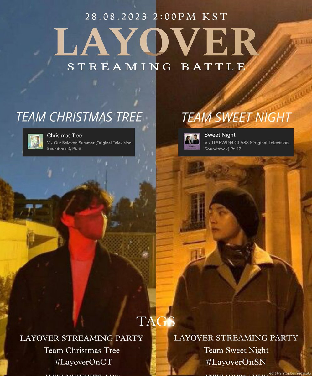 KV0LOGY's tweet photo. Layover Streaming Battle starts, choose your teams and stream accordingly 💌
Let's see who wins 👀👀
Christmas Tree v/s Sweet Night
Use tags-💜
LAYOVER STREAMING BATTLE
TEAM CHRISTMAS TREE
#LayoverOnCT
Use tags-💜
LAYOVER STREAMING BATTLE
TEAM SWEET NIGHT
#LayoverOnSN https://t.co/lGK5tvIcYs