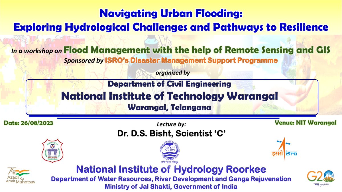 NIH_Hydrology's tweet photo. Dr. DS Bisht, Scientist 'C', delivered a lecture titled 'Navigating Urban Flooding: Exploring Hydrological Challenges and Pathways to Resilience' at the workshop on 'Flood Management with the help of Remote Sensing and GIS' on August 26, 2023. https://t.co/JH035MHpNB