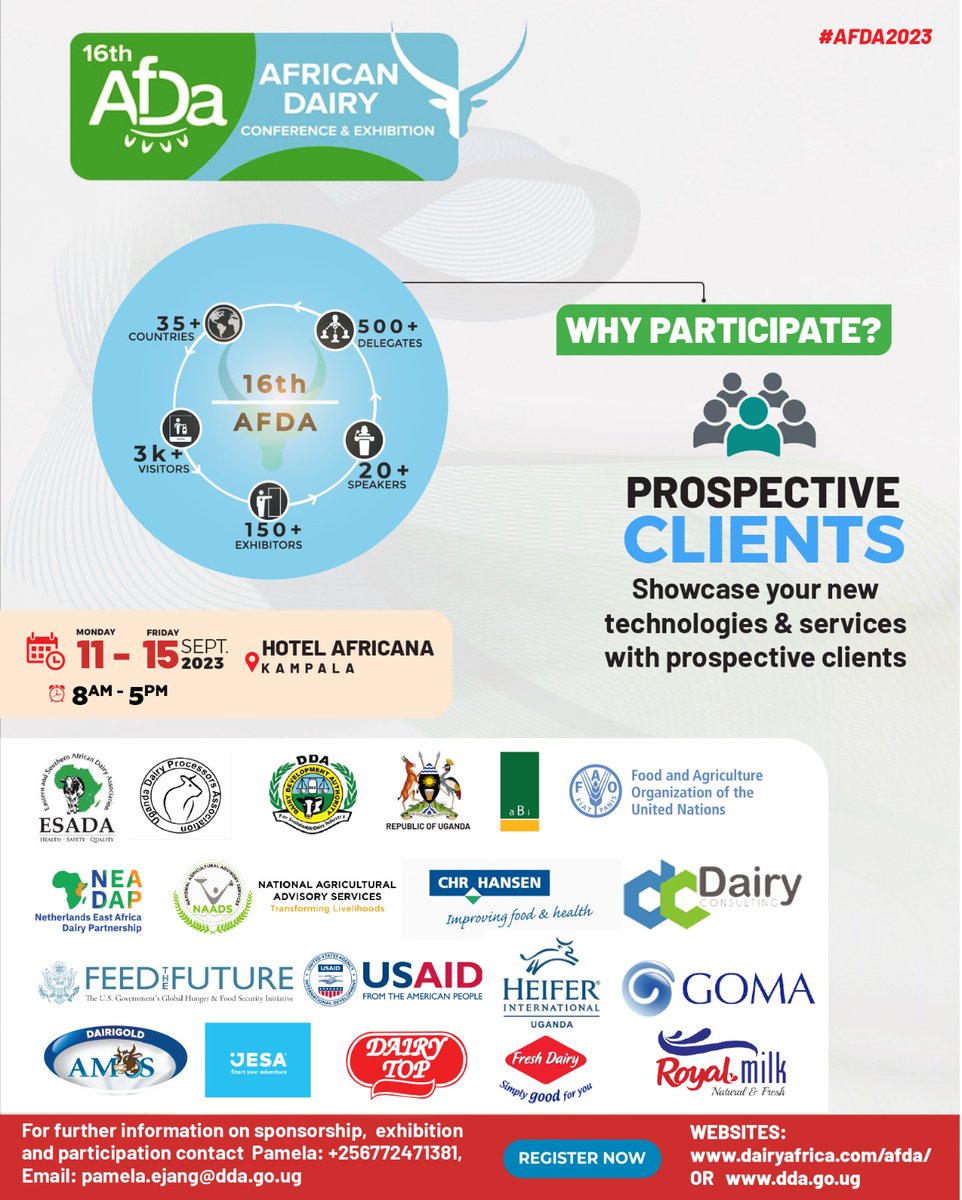 UgandaDairy's tweet photo. #AFDA2023 14 Days to go... 🤝meet new clients @aBiDevtFinance @Heifer_Uganda @FAOUganda @NEADAP_ @jesadairy @AmosDairies @feedthefutureUg @MAAIF_Uganda @DrRwamiramaBK @FredBwino @KagutaMuseveni @MpiiraSamson @PS_MAAIF @rggoobi @SNV_Uganda @Freshdairyug https://t.co/h7yytA6UoJ