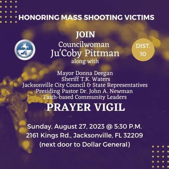 DUVALDBC's tweet photo. 🕯️ Remembering victims: Angela Carr, AJ Laguerre Jr., Jerrald Gallion. Let's show unity over hate. Together against racism and violence. Thank you Mayor Deegan, Sheriff TK Waters, Councilwoman Ju'Coby Pittman, and spiritual leaders. #DuvalUnity 🤝 https://t.co/jCi88NNFLK