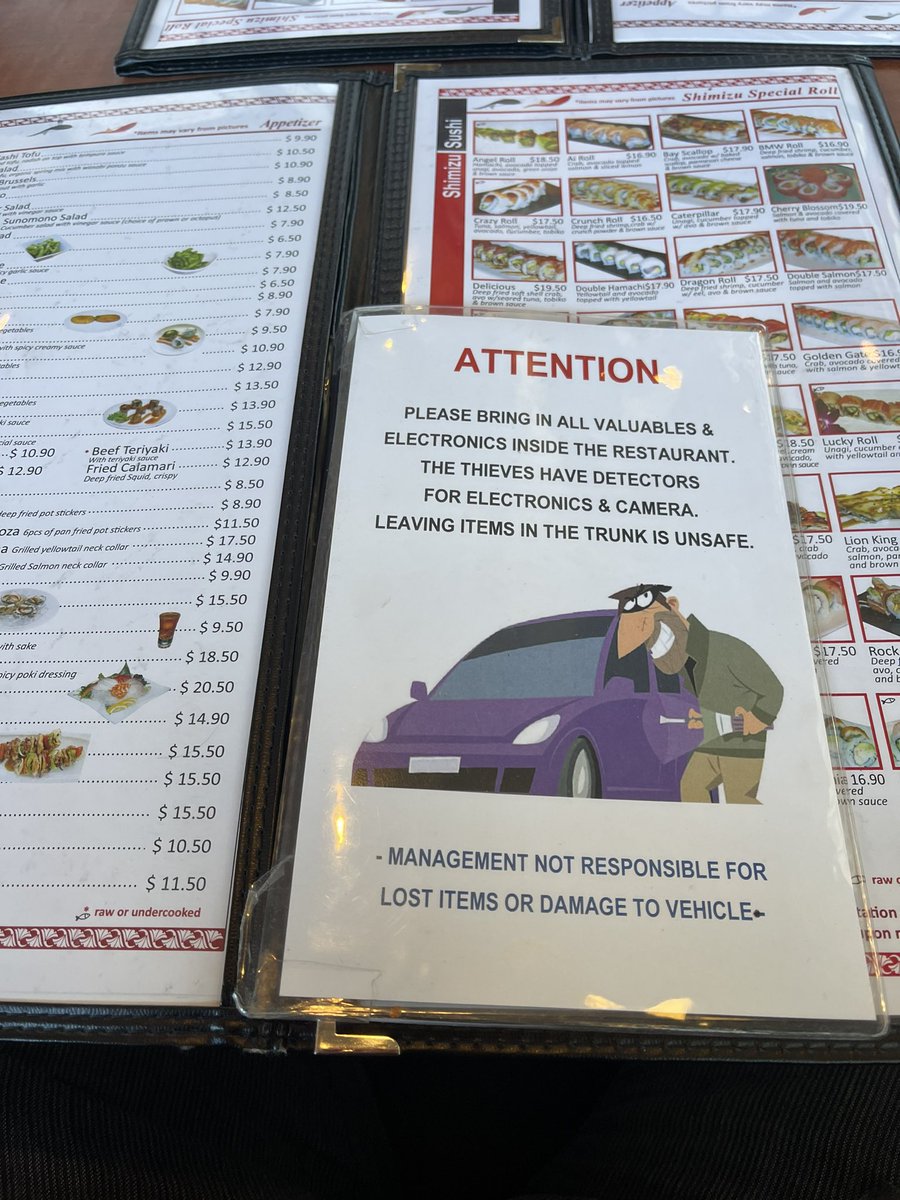 EditorialHell's tweet photo. Meanwhile, here in the Bay Area, crime is so ridiculous that restaurants now have inserts in their menus telling diners that they are not liable for car break-ins. https://t.co/D8yWFAi50N