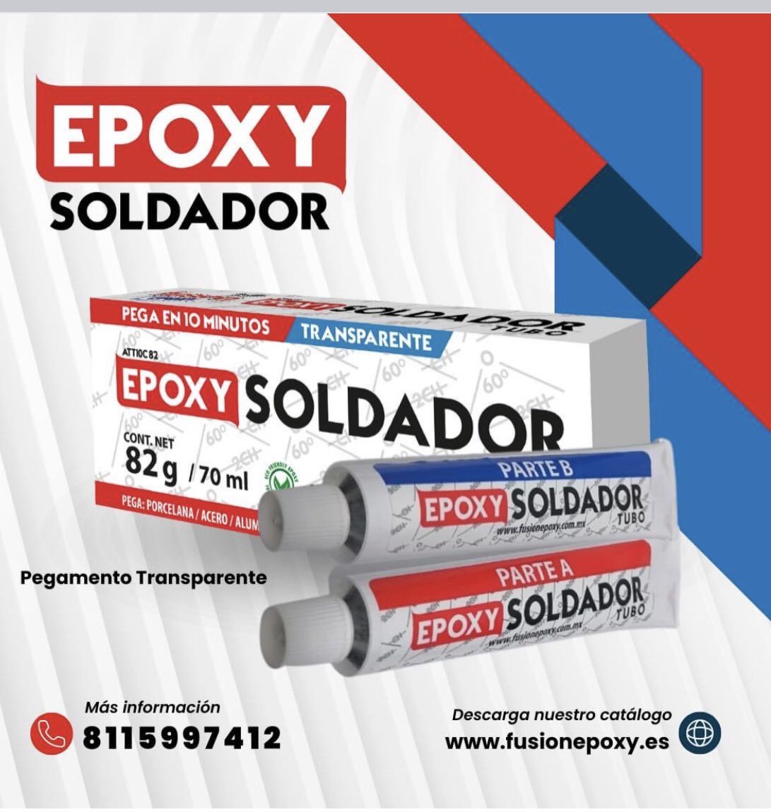 EpoxyFusion's tweet image. Epoxy Soldador
Tubo Acero
Tubo pegamento transparente
Plastilina Epóxica

Es una línea innovadora de pegamentos epoxicos líquidos trasparentes, metálicos y presentación Plastilina.