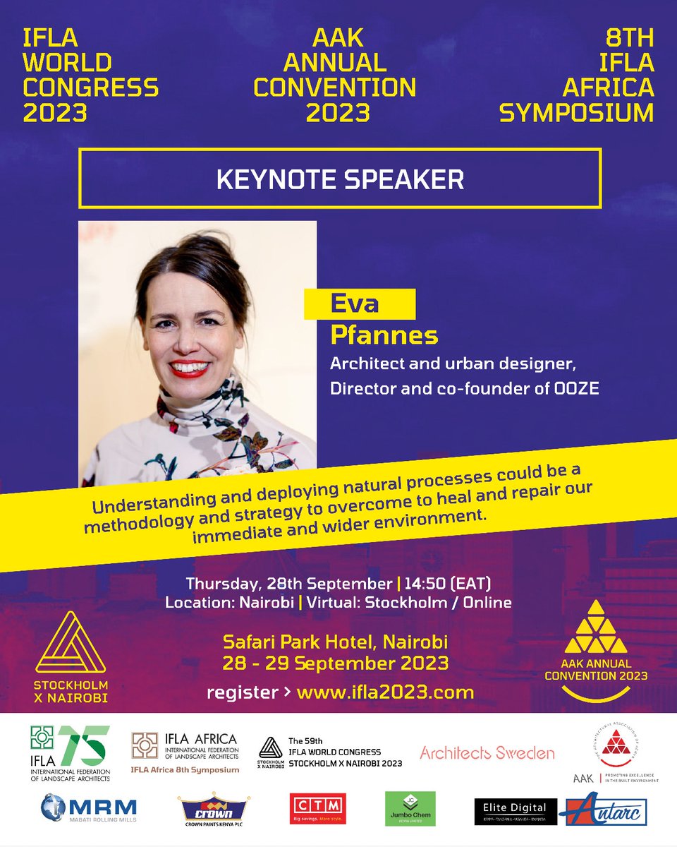 Join Keynote Speaker Eva Pfannes, as she unravels the potential of "Harnessing Natural Processes for Environmental Healing."

Thur, 28th Sep | 14:50 (EAT)
💻 Nairobi / Online
📍 Stockholm

Register now: IFLA2023.com

#IFLA2023 #AAKConvention2023