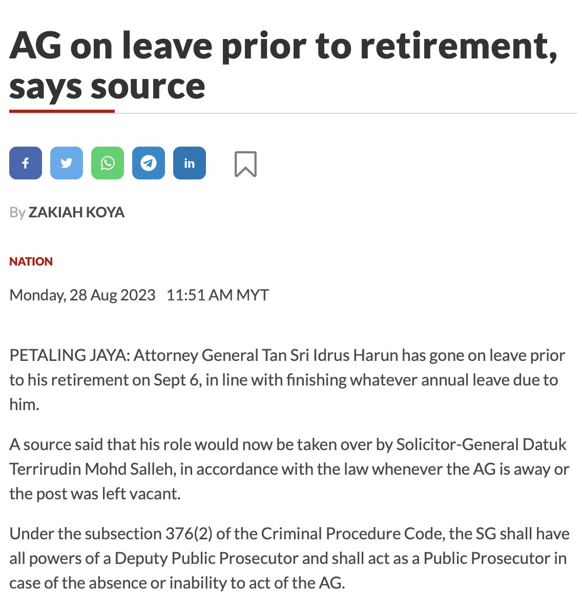 amerhadiazmi's tweet photo. Over at the AGC, The Star reports that AG Idrus Harun has gone on leave ahead of his retirement next week.

He appears to have left the chamber in shambles, with the prosecution failing to file appeal papers, and mired by alleged leaks.

A mess for his successor to clean up. https://t.co/P2ubAnhVLl