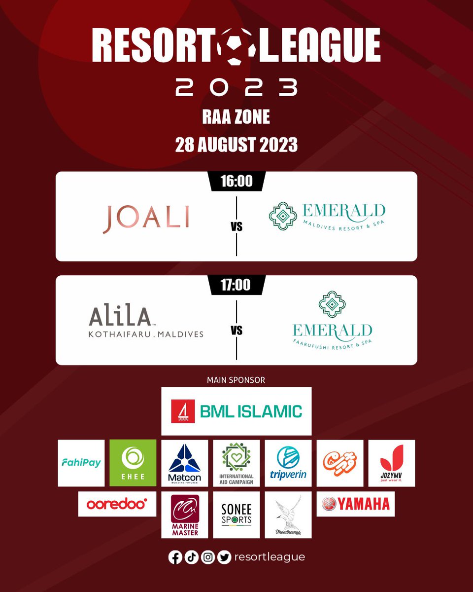 resortleague's tweet photo. Resort League 2023 Raa Zone 
Match day 2
16:00 - Joali Maldives VS Emerald Maldives
17:00 - Alila Kothaifaru VS Emerald Faarufushi
.
#RL23 #resortleague #resortleague2023 #IAC #CharityPartner #BMLislamic #EHEE #tripverin #fahipay #matcon #marinemaster @OoredooMaldives https://t.co/IBnPuE678D