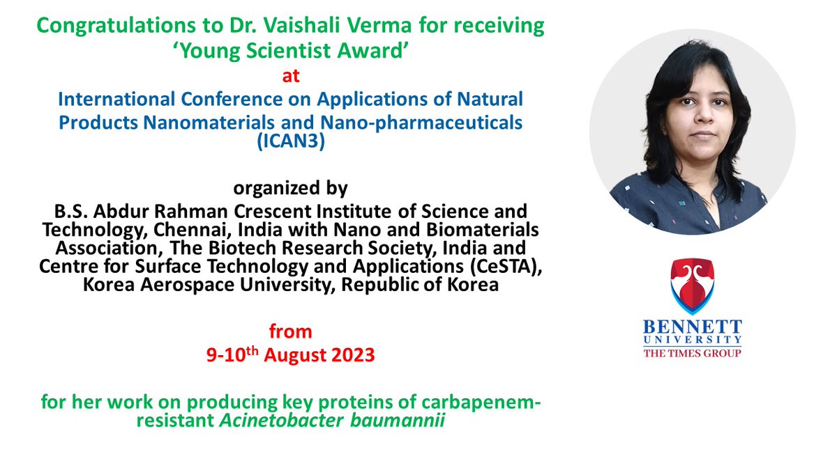 #youngscientistaward #antibodyengineering #FacultyatBU #Biotechnology
Congratulations to Dr. Vaishali Verma for receiving ‘Young Scientist Award’ at International Conference on Applications of Natural Products Nanomaterials and Nano-pharmaceuticals (ICAN3)