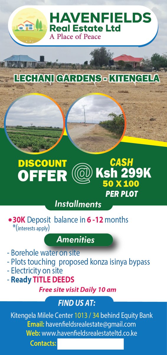 Musyoka19Lucy's tweet photo. HavenFields Real Estate as the best deals with Lechani gardens Kitengela going for only 299k with a favorable payment plan of up to 24 months.
Book a free site visit 0728957638
#mondayvibes
#installmentsplot
#tembeakenya
#kitengelaplotsforsale #newweek #newbeginnings https://t.co/6FKZkb9oZI
