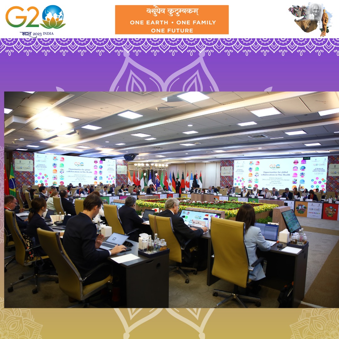 G20Gujarat's tweet photo. Session 1 on Opportunities in One Health, for Better Disease Control and Pandemic Preparedness took place at the 2nd CSAR in Gandhinagar. #G20CSAR #G20Gujarat #G20India 

@narendramodi @PMOIndia @CMOGuj @PrinSciAdvOff @PrinSciAdvGoI @G20_CSAR @g20org @InfoGujarat @PIB_India https://t.co/jn2Bv07iUa