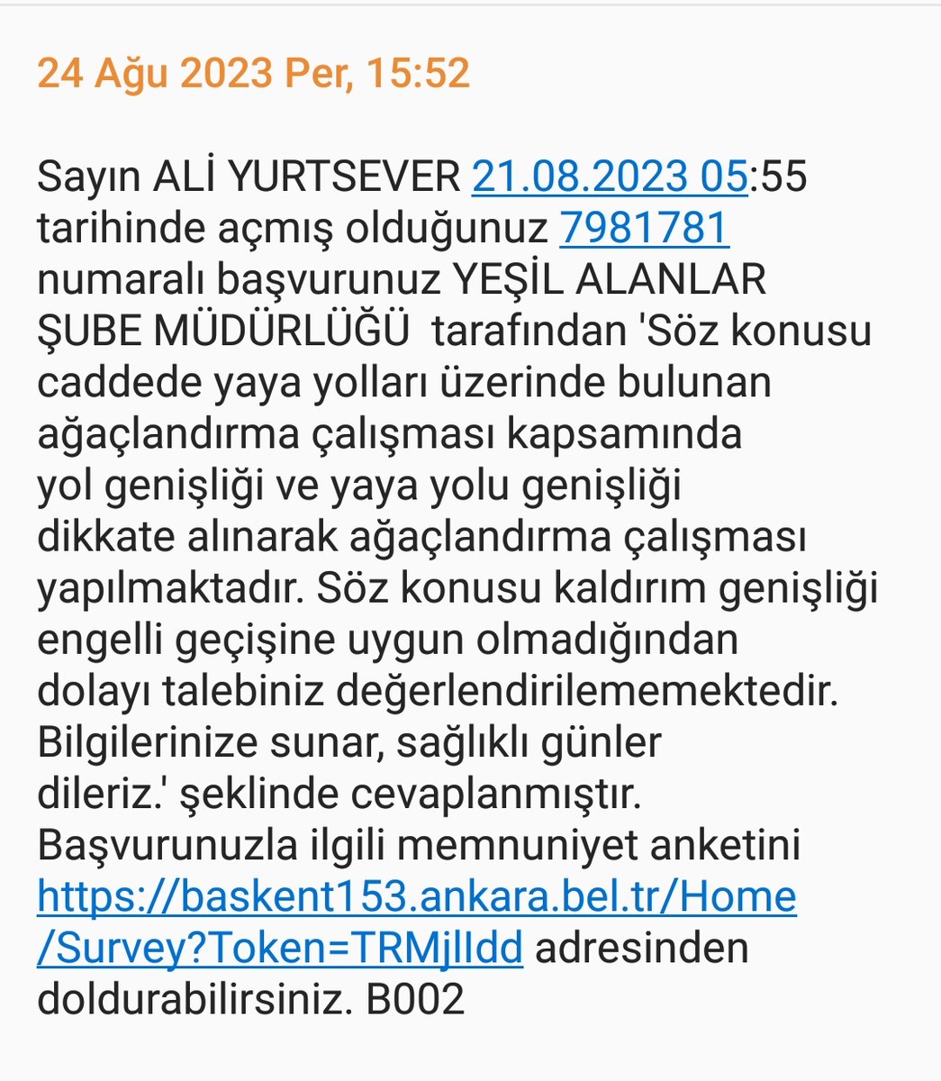 AliYur7sever's tweet photo. @mansuryavas06 Kaldırımımızın "yeniden" ağaçlandırılması için 153'e yazdım, cevap ekte. Kaldırım da diğer görseldeki (6 m. genişlikte). Önceden ıhlamurlar vardı, kestiler, şimdi de yol dar diye dikmiyorlarmış. Sayın @mansuryavas06, personeliniz gayriciddi cevap veriyor. https://t.co/wrMh618E1q