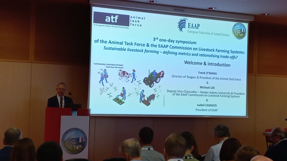 AnimalTaskFrc's tweet photo. 🔴 Symposium of ATF &amp; @EAAPofficial Commission on #LivestockFarmingSystems starting: Sustainable livestock farming - defining metrics &amp; rationalising trade-offs? #EAAP2023Session02
With @FrankOMara8 @teagasc Michael Lee @HarperAdamsUni &amp; Isabel Casasus @CITAAragon 
@eaap2023Lyon https://t.co/ce6GxLgFX2