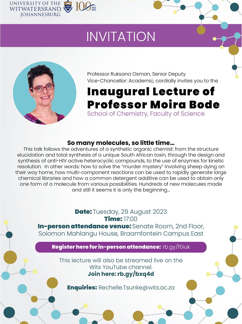 Wits Chemistry (@witschemistry) on Twitter photo Don't miss Professor Moira Bode's Inaugural Lecture tomorrow, 29 August at 17:00 <a href="/FoSWits/">Faculty of Science, Wits University</a> Don't miss Professor Moira Bode's Inaugural Lecture tomorrow, 29 August at 17:00 <a href="/FoSWits/">Faculty of Science, Wits University</a>
