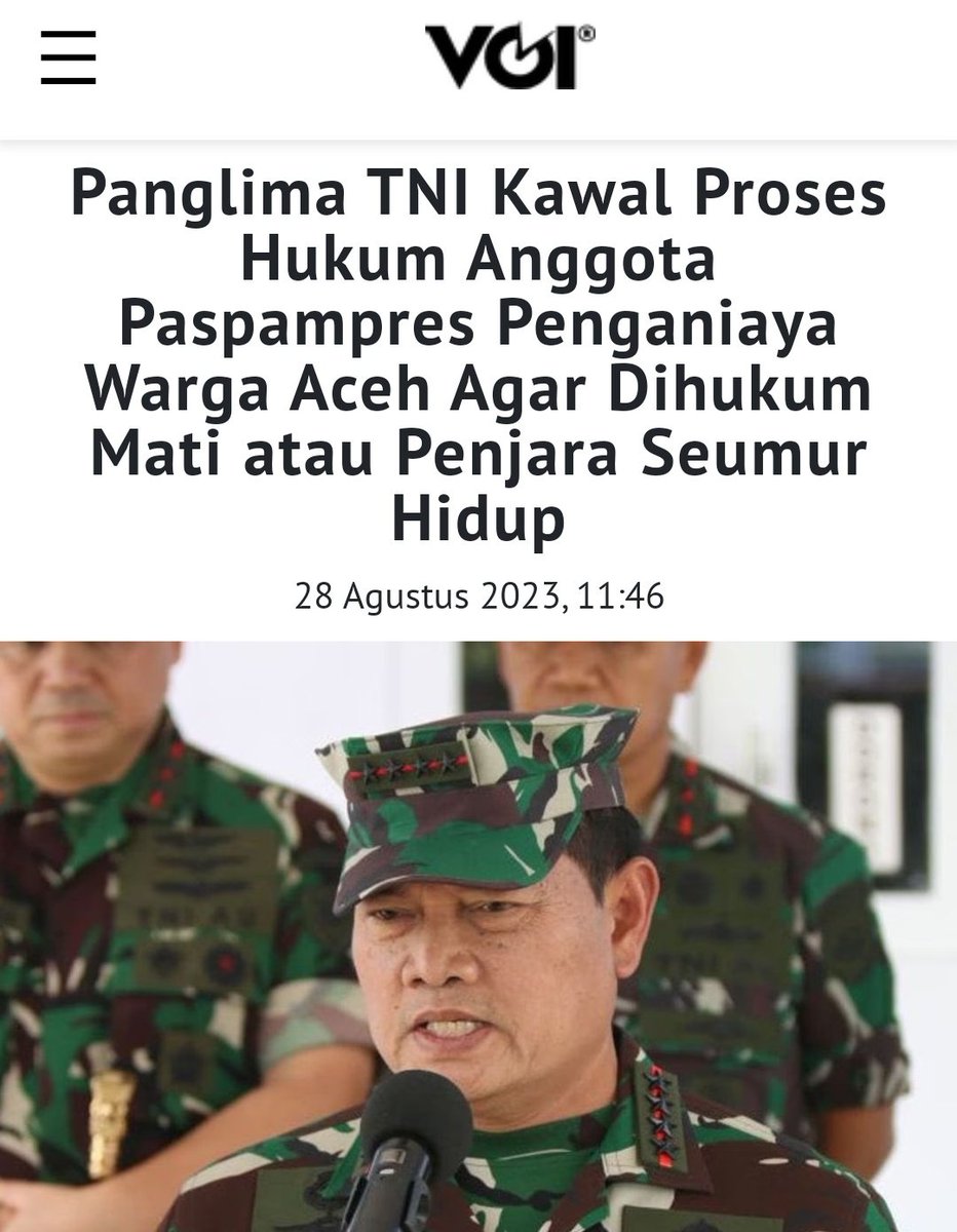 mazzini_gsp's tweet photo. "Pasti dipecat dari TNI karena termasuk tindak pidana berat. Kawal agar pelaku dihukum berat, maksimal hukuman mati, minimal hukuman seumur hidup," kata Panglima TNI Yudo Margono
https://t.co/E1Fcp9ICMc https://t.co/7fbtNydoqq