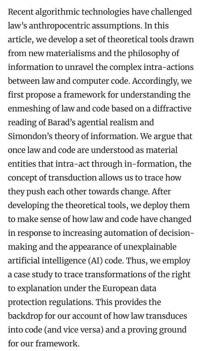 New article out in <a href="/Law_Critique/">Law and Critique</a>, open access! Coauthored with @viljasenmika: ‘Lost in Transduction: From Law and Code’s Intra-actions to the Right to Explanation in the European Data Protection Regulations’. 
With support of <a href="/UniTurkuLaw/">Uni Turku Law</a> <a href="/SuomenAkatemia/">Suomen Akatemia | Research Council of Finland</a> 
rdcu.be/dkxVm