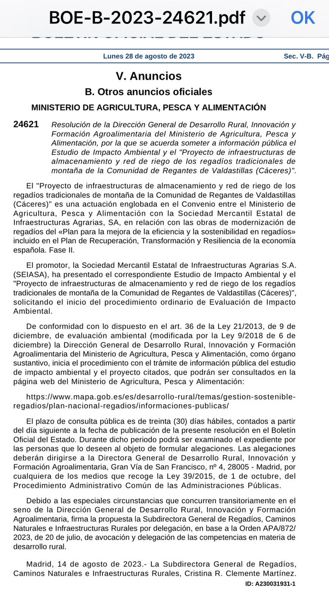 Así es como se dan pasos para que los proyectos avancen, publicando en el BOE. Obras de modernización en la CR de Valdastilla a través de Plan de Recuperación, Transformación y Resiliencia. Gracias @SEIASA_OFICIAL, @frmulero, @mapagob, @Isabelbombal1, @DGobExtremadura