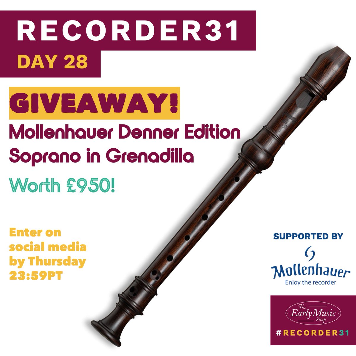 WIN a Mollenhauer Denner Soprano #Recorder worth £950.
As we enter the final week of #recorder31 we have a very special giveaway courtesy of our friends at Mollenhauer. All you have to do to is to like and share this post.
earlymusicshop.com/blogs/recorder…