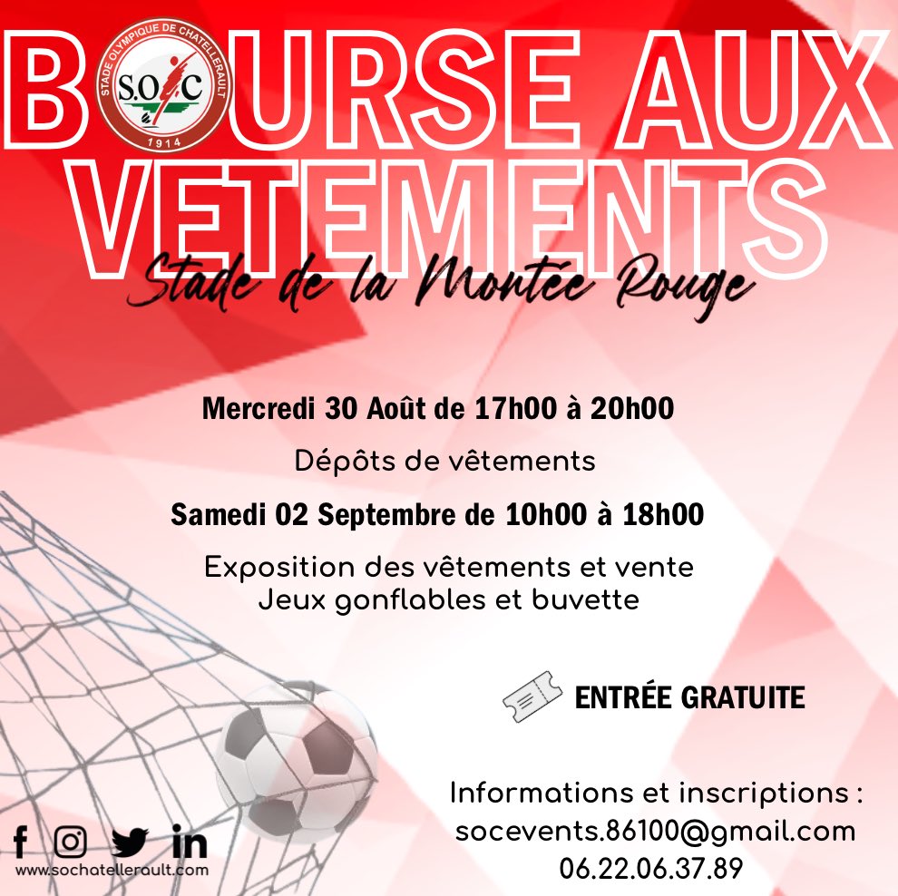 SOChatellerault's tweet photo. [ CLUB ] 🔴⚪️

Le SOC a le plaisir de vous inviter à la bourse aux vêtements organisée par le club.
.
Pour plus d’informations, n’hésitez pas à contacter Stéphanie ROLY au 06.22.06.37.89.

🔴⚪️ #AllezPtitsRouges #SOC #Football #VilledeChâtellerault #BourseAuxVetements https://t.co/ifKY1LASPK