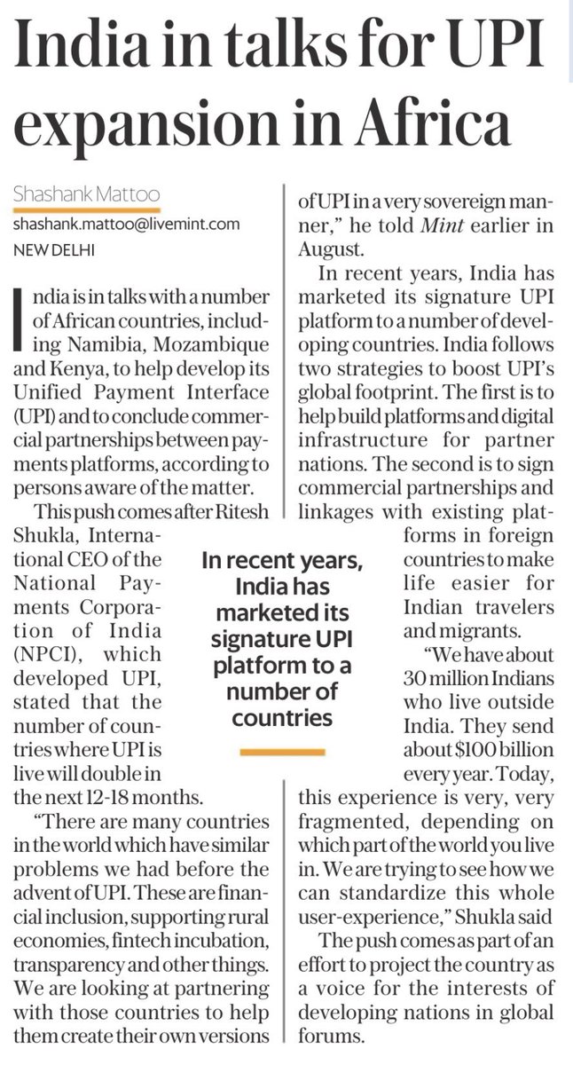 kashishparpiani's tweet photo. UPI goes to Africa! 👏

India in talks with Namibia, Mozambique and Kenya to help develop their equivalents and conclude partnerships with UPI 🇮🇳 🇳🇦 🇲🇿 🇰🇪 https://t.co/azmzYGsQFx