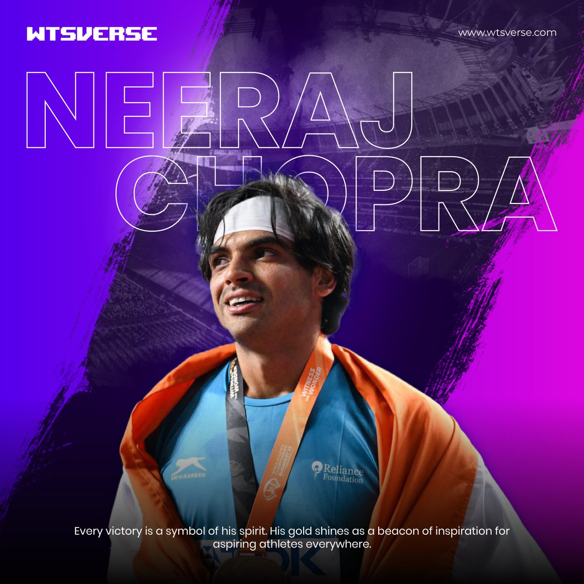 WTSVerse's tweet photo. Congratulations Neeraj Chopra to became 1st Indian to win a Gold medal at World Athletics Championship Budapest

#NeerajChopra #neerajchopragold #Congratulationsindia #India #JavelinThrow #WorldAthleticsChampionships2023 #Budapest2023 #GOLD #GoldMedal #goldmedalist https://t.co/utiATo0Heq