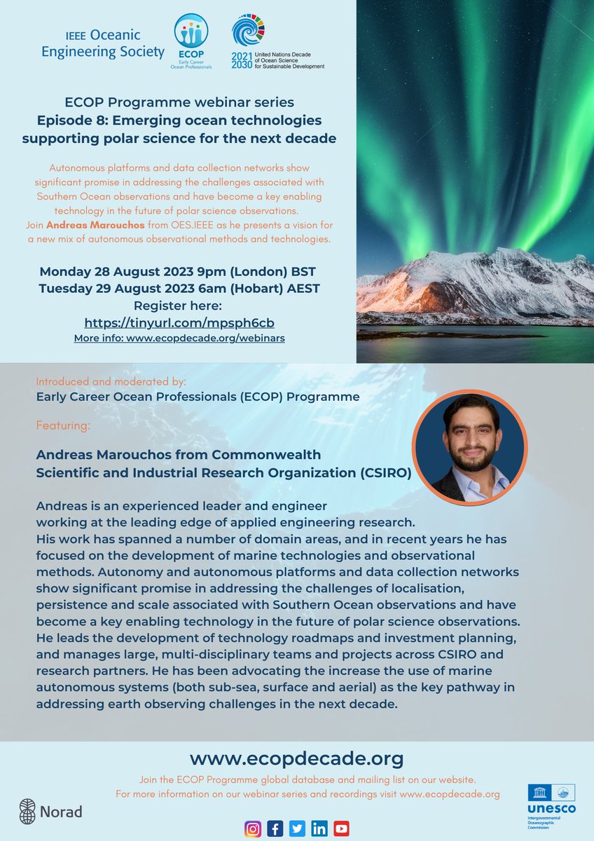 📣 ECOP webinar!

There’s still time to register for Episode 8: Emerging ocean technologies supporting polar science for the next decade with Andreas Marouchos from <a href="/CSIRO/">CSIRO</a> 

📆Monday 28 August - 9pm (London) BST / Tuesday 29 August - 6am (Hobart) AEST
📍tinyurl.com/mpsph6cb