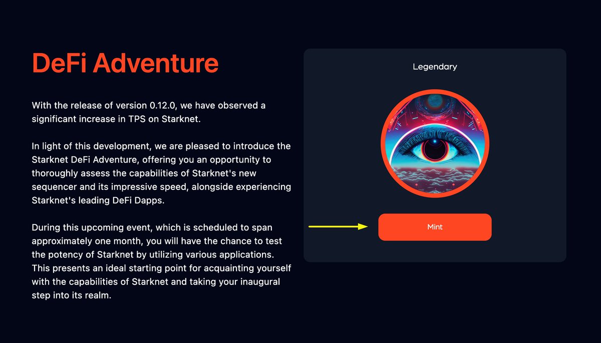 Claim "Starknet DeFi Adventure Legendary" NFT 🪂

• Connect your Argent X or Braavos wallet
• Gas fees: ~$0.2 in Starknet Mainnet ✨🐺

✅ Eligible for 4/6 Exclusive NFTs, you're able to claim the Legendary NFT for FREE!

Claim HERE 
🧵👇