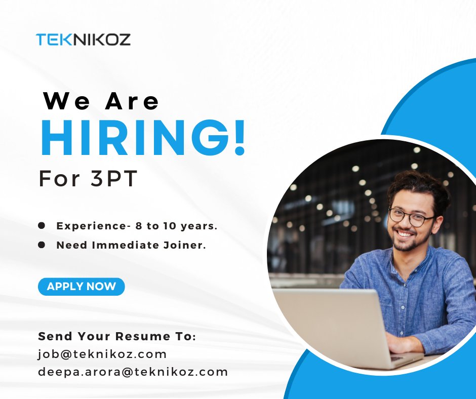 Teknikoz1's tweet image. 📢🔍 WE ARE HIRING 🔍📢

👉 For 3PT

• Need Immediate Joiner. 
• Experience- 8 to 10 years. 

For more visit - linkedin.com/feed/update/ur…

✉️ Email your CV -
job@teknikoz.com
deepa.arora@teknikoz.com

#TEKNIKOZ #3pt