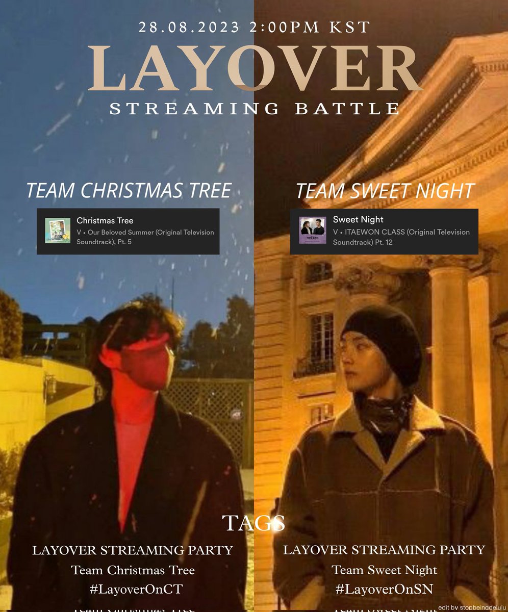 btstatsreminder's tweet photo. Layover Streaming Battle starts now choose your teams and stream 💌
Christmas Tree v/s Sweet Night
use tags:
LAYOVER STREAMING BATTLE
TEAM CHRISTMAS TREE
#LayoverOnCT
LAYOVER STREAMING BATTLE
TEAM SWEET NIGHT
#LayoverOnSN
playlists attached below!! https://t.co/MbFGtAoMib