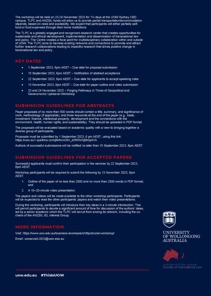 Deadline for submissions approaching for the @ANZSIL @UOW November 2023 PhD workshop in international economic law (this Friday!).